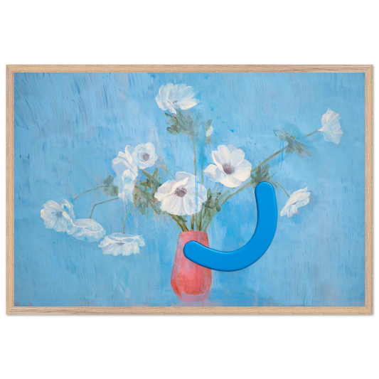 Framed artwork with flowers in a vase and a blue abstract shape on a blue background