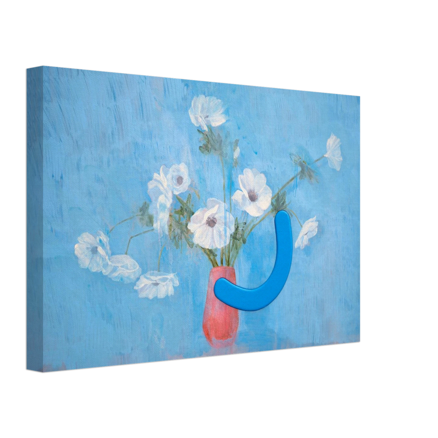 Canvas print with a blue sculpture and white flowers in an orange vase on a blue background