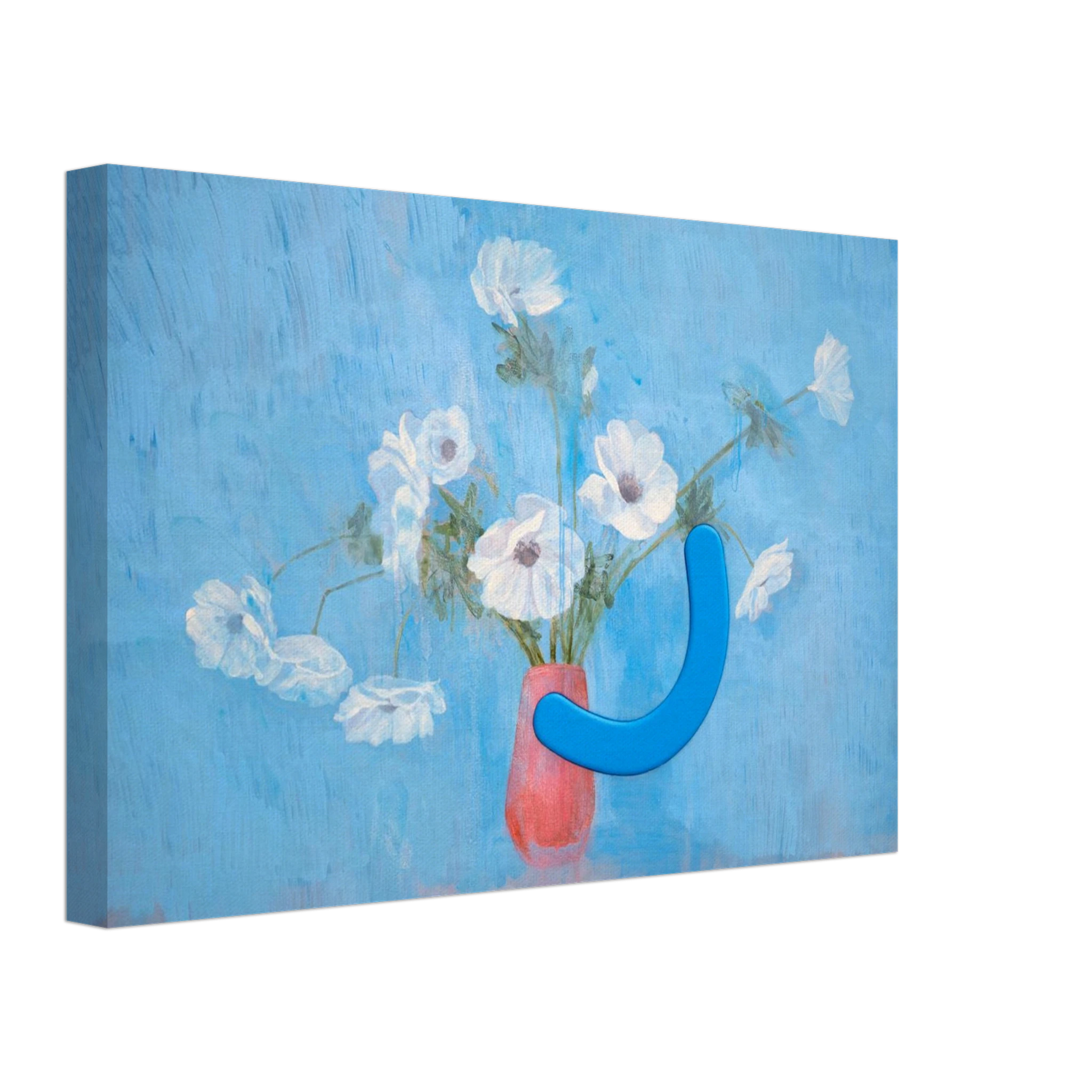 Canvas print with a blue sculpture and white flowers in an orange vase on a blue background