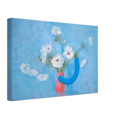 Canvas print with a blue sculpture and white flowers in an orange vase on a blue background