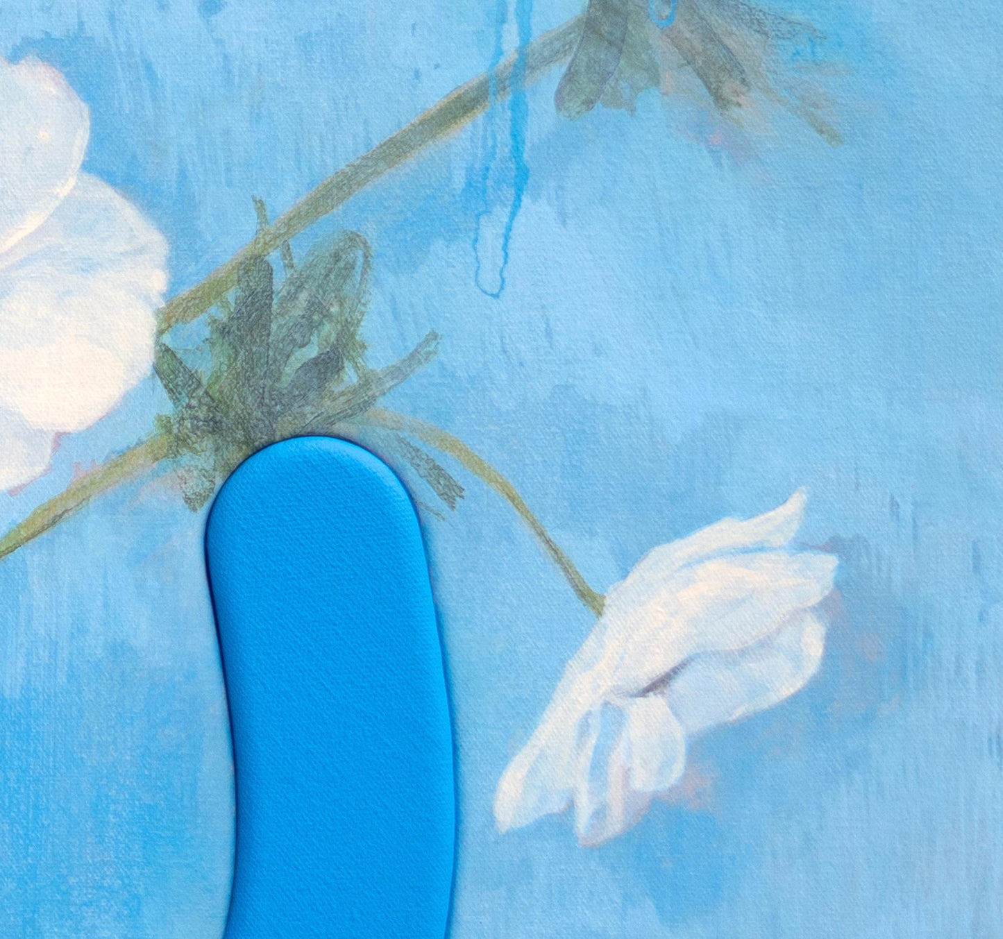 Detail shot of white floral painting with sculptural element. 