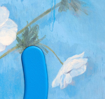 Detail shot of white floral painting with sculptural element. 