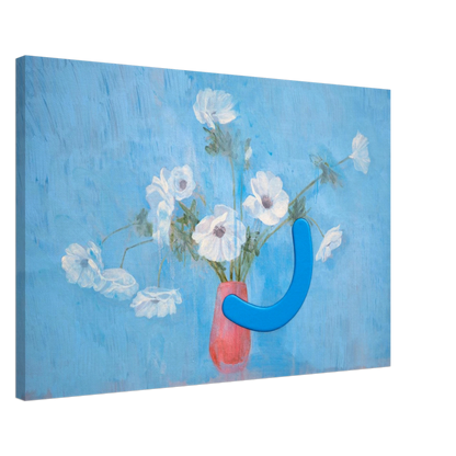 Canvas print with a blue abstract shape and white flowers on a blue background