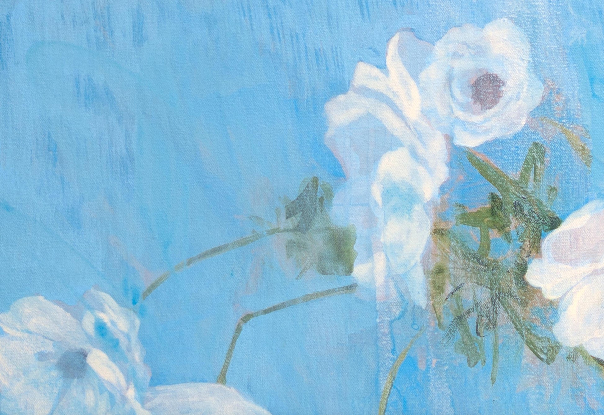Detail shot of a floral painting, white flowers on a light blue background. 