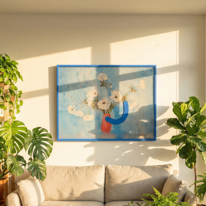 Framed artwork of a vase with flowers on a wall in a sunlit room with plants.