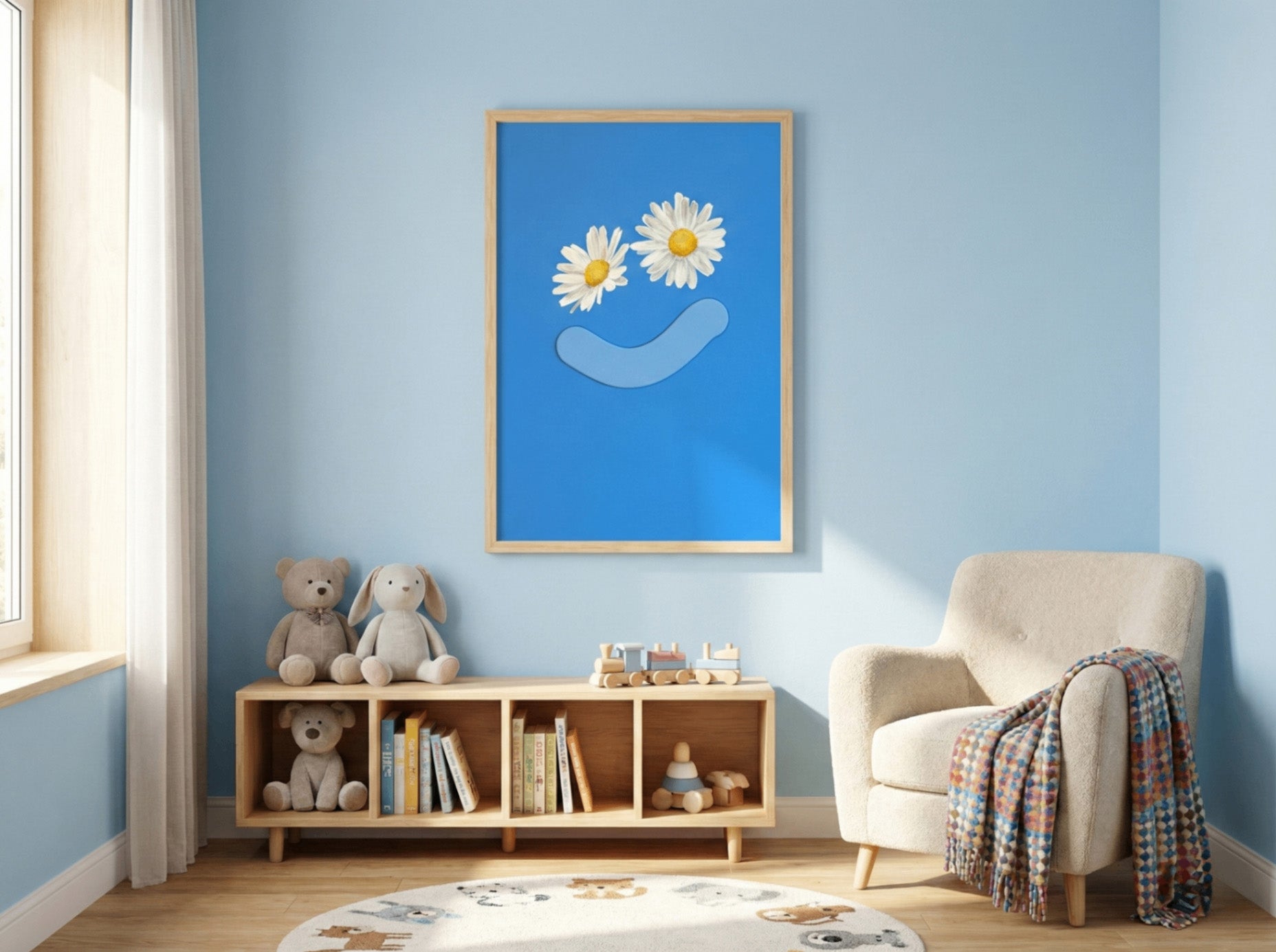 Children's room with a blue wall, framed artwork of flowers and a smiley face, and toys on a shelf.