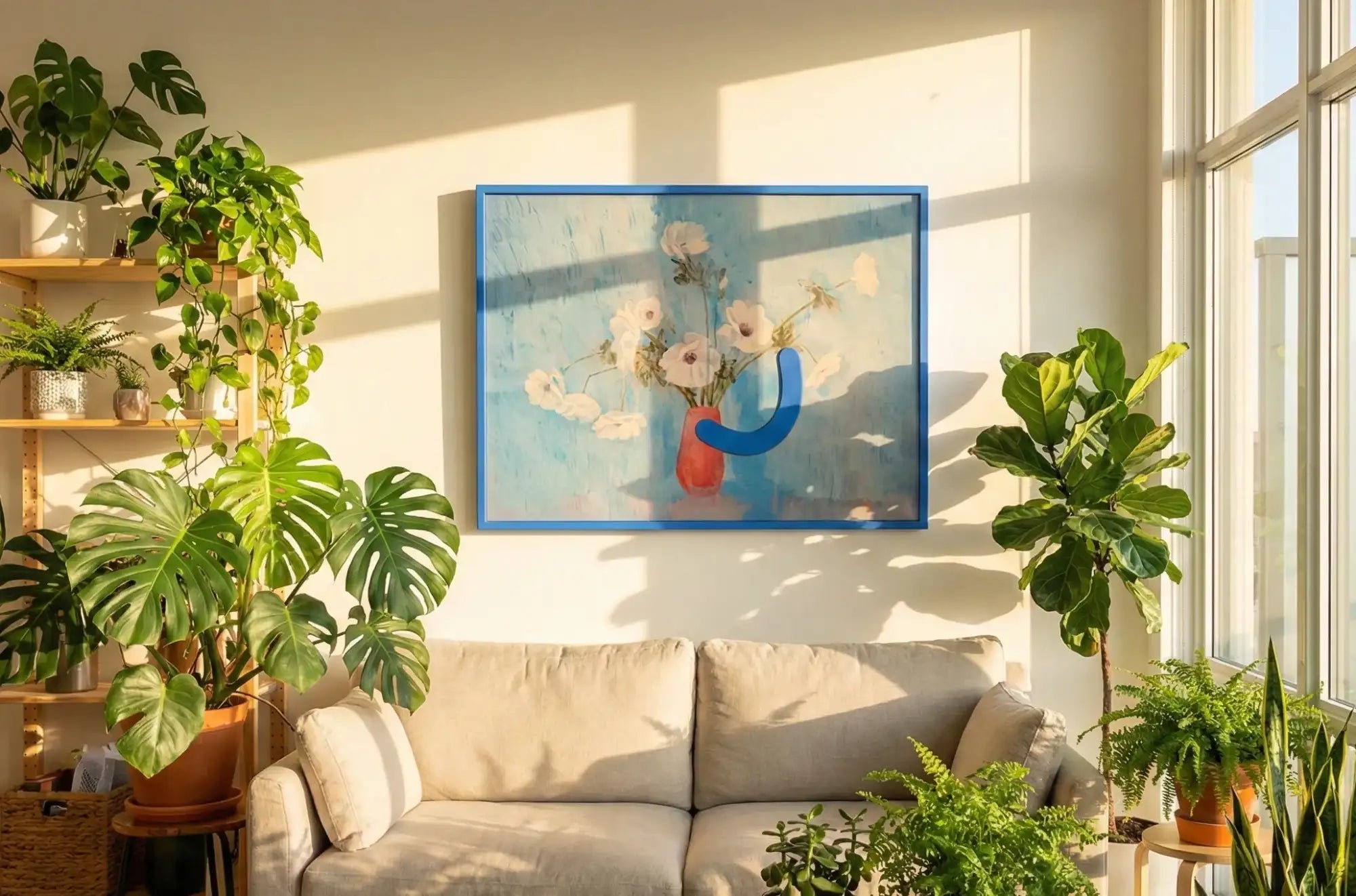 Blue-framed painting of white flowers in a red vase with a bold blue abstract shape against a light blue background.