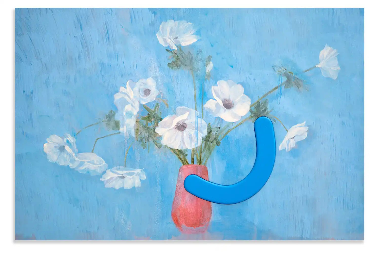A painting featuring white flowers in a red vase, with a blue, curved, glossy object superimposed on the right side.